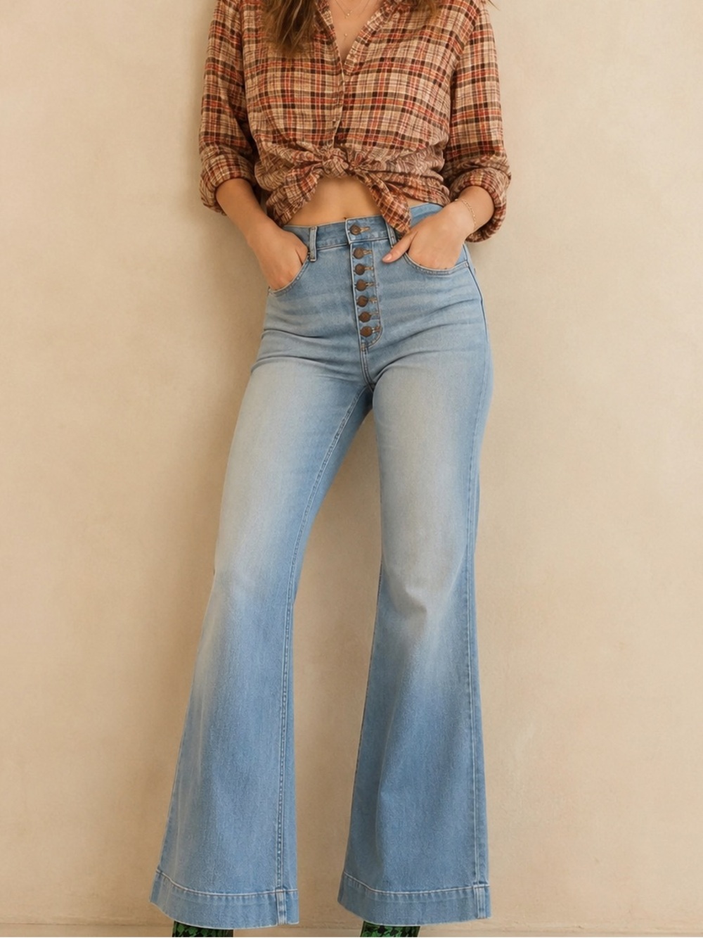 Rachel Roy Light Wash Harp Button Button Fly Flare Leg Stretch Jeans Sz 29 Tall